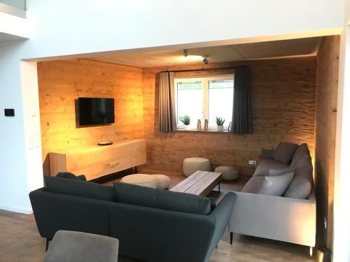 a living room with a couch and a tv at FourElements Grand Chalet in Blankenburg