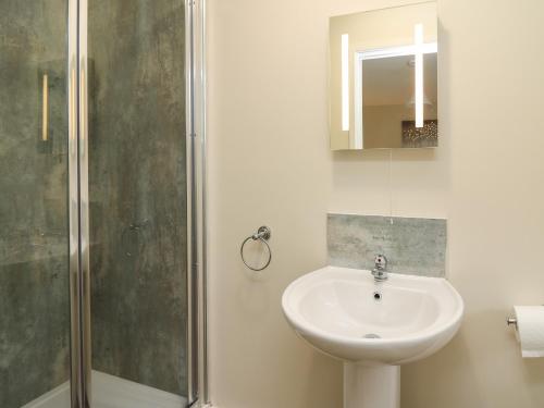 a bathroom with a sink and a shower at Country Cottage in Brecon