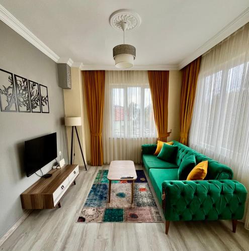 sala de estar con sofá verde y TV en MEK HOMEs 2 en Fethiye