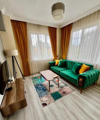 a green couch in a living room with windows at MEK HOMEs 2 in Fethiye