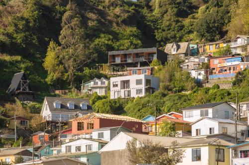 a group of houses on a hill with trees at Alojamiento Concepción, Tomé, Cocholgüe in Concepción