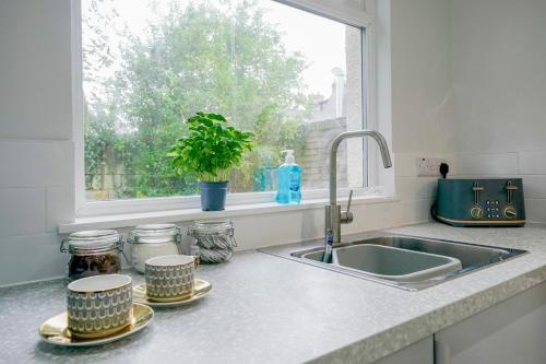 a kitchen counter with two cups and a sink at Close to City Centre Stylish and Cosy Home in Belfast