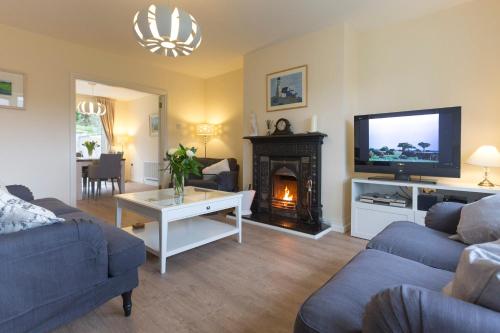 uma sala de estar com lareira e televisão em Delightful cottage just steps from Kenmare town em Kenmare