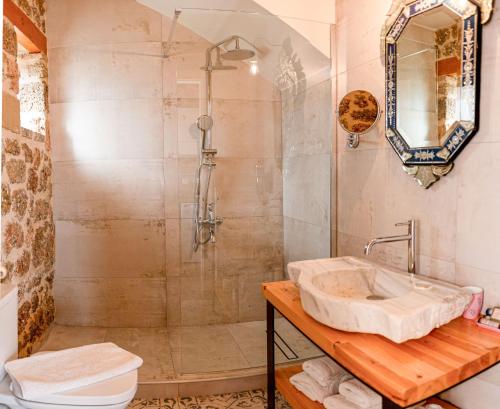 a bathroom with a shower and a sink at Anotopos in Ano Trikala