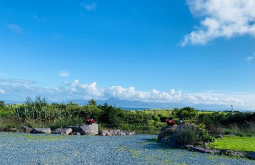 a gravel road with rocks and flowers on it at Stone fronted detached cottage just over 2 miles from Mulranny village in Mulranny