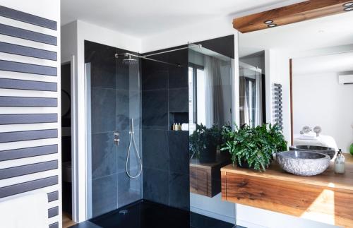 a bathroom with a shower with a sink and a mirror at Penthouse Les Oliviers in Porto-Vecchio
