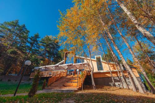a house with a wooden staircase in the woods at Saint Constantine Mountain Retreat in Peshtera