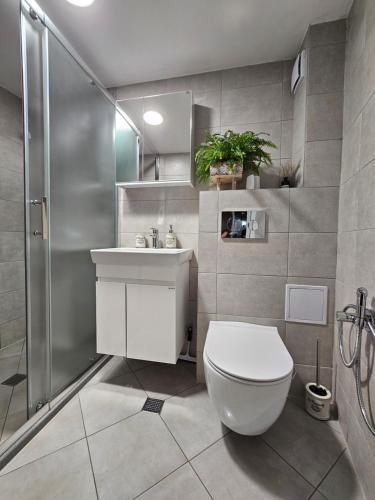 a bathroom with a toilet and a shower and a sink at Guest House GURKO 7 in Veliko Tŭrnovo