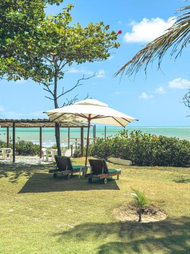 two chairs under an umbrella on the beach at Igarakuê Flat in Japaratinga