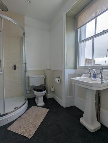 a bathroom with a toilet and a sink and a shower at The Dulwich in Cheltenham