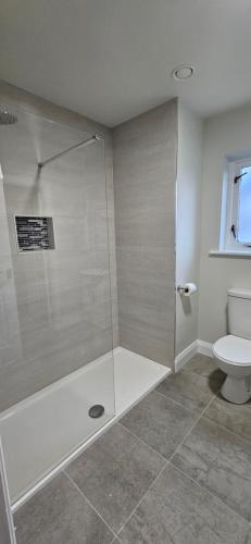 uma casa de banho com um chuveiro e um WC. em Bunratty west Townhouse em Bunratty