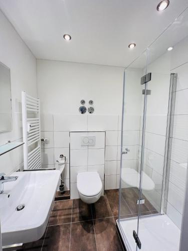 a bathroom with a toilet and a sink and a shower at The View Apartment in Garmisch-Partenkirchen