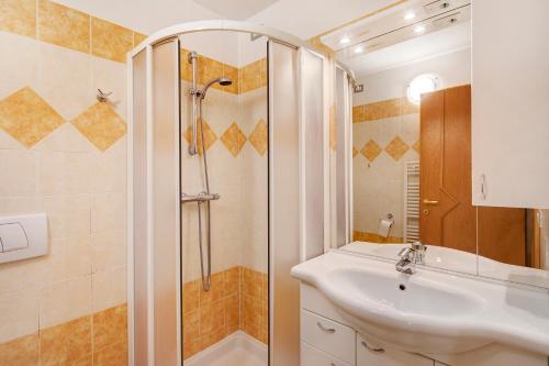 bagno con lavandino e doccia di Appartamento Piz Filone a Livigno