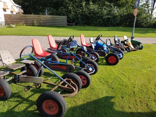 een rij driewielers geparkeerd in het gras bij Safaritent at Camping de Breede in Warffum