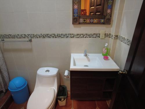 uma casa de banho com um lavatório branco e um WC. em El Castillo de Piedra em San Miguel