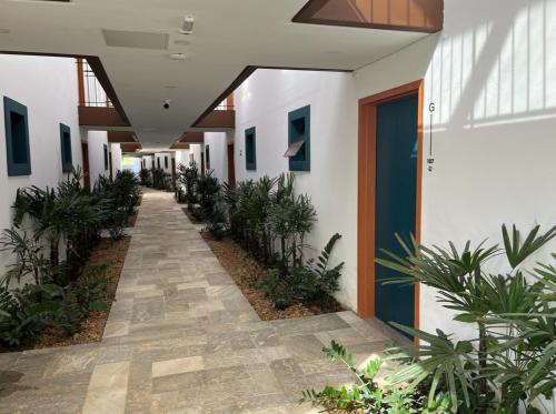 un couloir d'un bâtiment avec un couloir de plantes dans l'établissement Quinta Santa Bárbara, à Pirenópolis