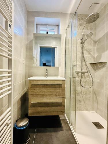 une salle de bain avec un lavabo et une douche dans l'établissement Maison mitoyenne au calme quartier de la Pironniere 4 pers, à Les Sables-dʼOlonne