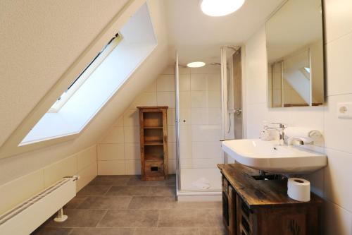 a bathroom with a sink and a skylight at Tannenhof Fischbach - Fewo 5 "Zander" - Schluchsee, 2 Schlafzimmer Schlafgalerie, E-Auto Ladestation in Schluchsee