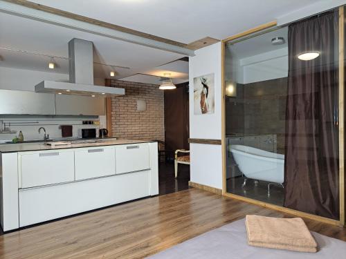 a kitchen with a bath tub and a sink at Champêtre Park View Apartments in Rīga