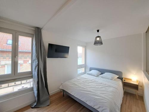 - une chambre avec un lit et une télévision à écran plat dans l'établissement Bologne, studio climatisé, à Reims