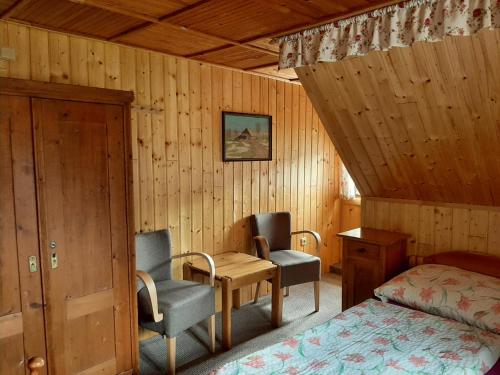 1 Schlafzimmer mit 2 Stühlen, einem Bett und einem Schreibtisch in der Unterkunft Bouda Na Cestě in Pec pod Sněžkou