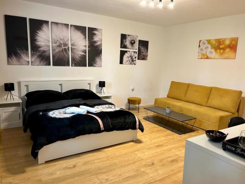 um quarto com uma cama e um sofá em Studio Apartment Dandelion em Bratislava