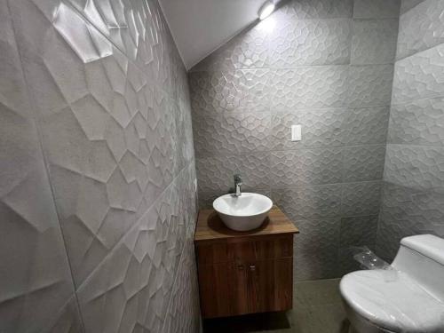 a bathroom with a sink and a toilet at Moderna casa vacacional en Baños in Juivi