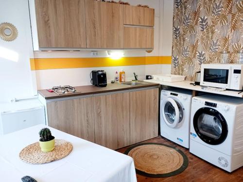 eine Küche mit einer Waschmaschine und einer Mikrowelle in der Unterkunft Maisonnette Cosy wifi gratuit Rochefort in Rochefort