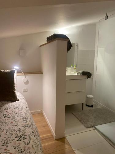 - une chambre avec un lit, un lavabo et un miroir dans l'établissement Duplex aux Carmes, à Toulouse