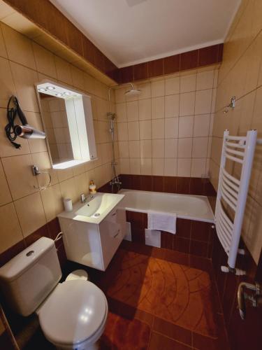 a bathroom with a toilet and a sink and a tub at Apartament Ultracentral Suceava in Suceava