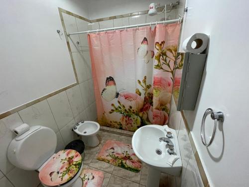a bathroom with a toilet sink and a shower curtain at El Tata in Puerto Iguazú