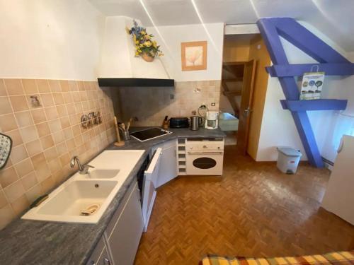 een kleine keuken met een wastafel en een fornuis bij Chez Zoë au Chalet de segure in Ristolas