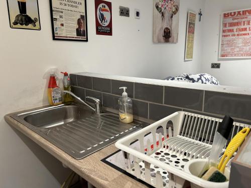 a kitchen sink with a dish drying rack next to it at Cosy open plan Cabin in Dublin 11 suit 2 persons in Dublin
