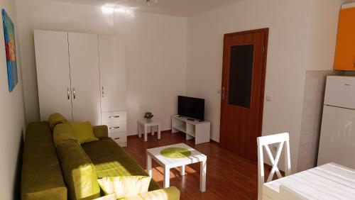 un salon avec un canapé vert et une télévision dans l'établissement Apartman Anja, 