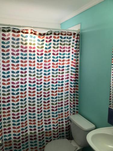 a bathroom with a toilet and a shower curtain at Arriendo de verano, La Serena 2024 in La Serena