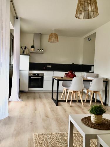 une cuisine et une salle à manger avec une table et des chaises dans l'établissement Hyper Centre - 2 PIÈCES tout confort - Terrasse - ascenseur -, à Cabourg