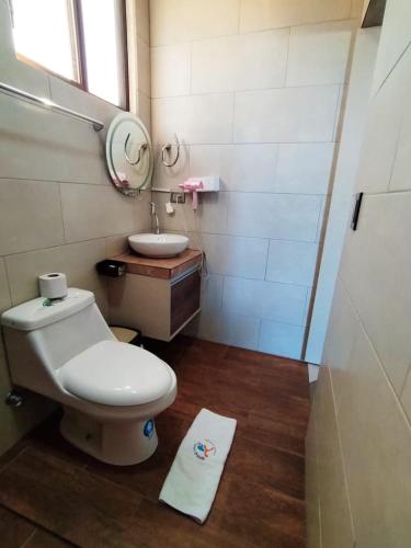 a bathroom with a toilet and a sink and a mirror at Hostal Gosén in Puerto Baquerizo Moreno