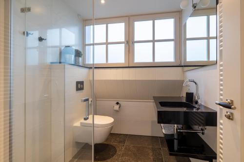 a bathroom with a toilet and a sink at Villa Zuiderduin cottage in Zoutelande