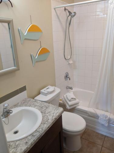 a bathroom with a sink and a toilet and a shower at Safari Beach Resort in Osoyoos