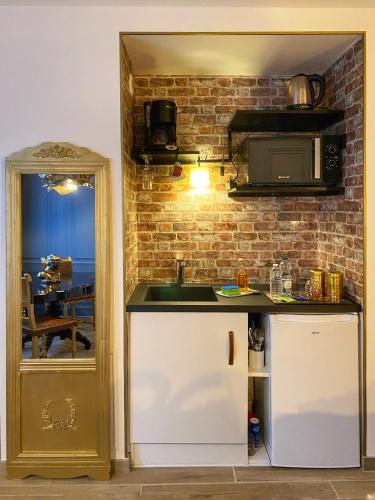 - une cuisine avec un évier et un mur en briques dans l'établissement L'OSMOSE avec balcon, 3mn place centrale Château, à Saverne