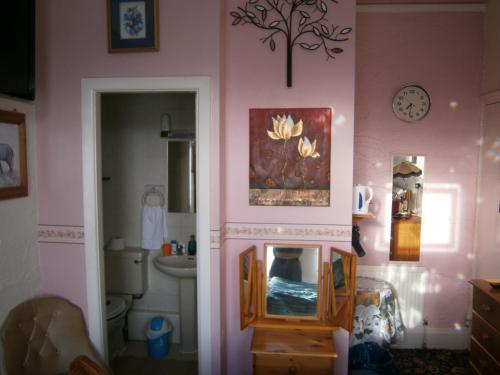 a pink bathroom with a sink and a mirror at Guesthouse The Royale Hotel in Blackpool