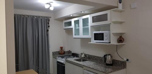 una pequeña cocina con fregadero y microondas en Departamento Altos de la Merced en Salta