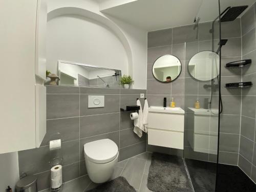 La salle de bains est pourvue de toilettes, d'un lavabo et de miroirs. dans l'établissement Chice, urbane Oase mit Arbeitsplatz, à Troisdorf