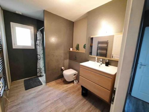 une salle de bain avec un lavabo et des toilettes dans l'établissement Maison climatisée confortable, à Trèbes