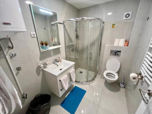 a bathroom with a shower and a toilet and a sink at Apartmani SLEEP&JOY in Zlatibor