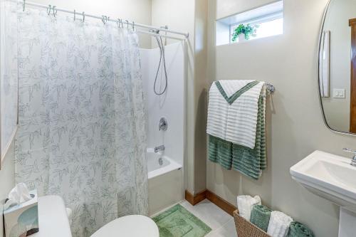 La salle de bains est pourvue d'un rideau de douche et d'un lavabo. dans l'établissement Secluded Sterling Vacation Rental - Pet Friendly!, à Sterling