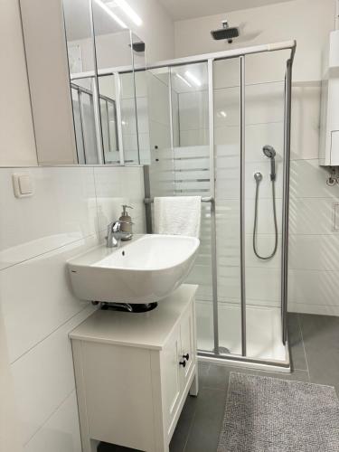 ein weißes Bad mit einem Waschbecken und einer Dusche in der Unterkunft Haus Gitta II in Luckenwalde