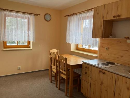 a kitchen with a wooden table and a table and chairs at Apartmány Hamříkova stáj in Dolní Moravice