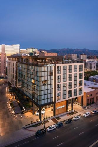 an aerial view of a large building in a city at Le Meridien Salt Lake City Downtown in Salt Lake City
