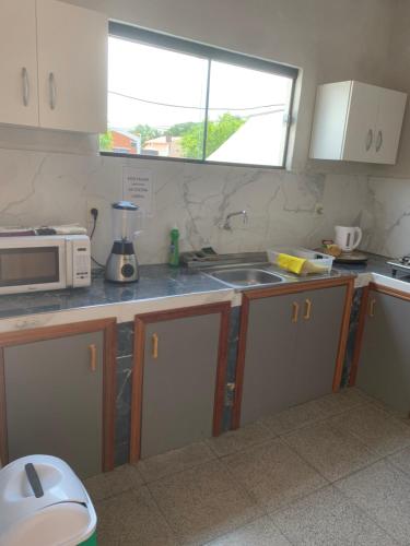 a kitchen with a sink and a microwave at Amplio Departamento 3 habitaciones, excelente ubicación in Asuncion